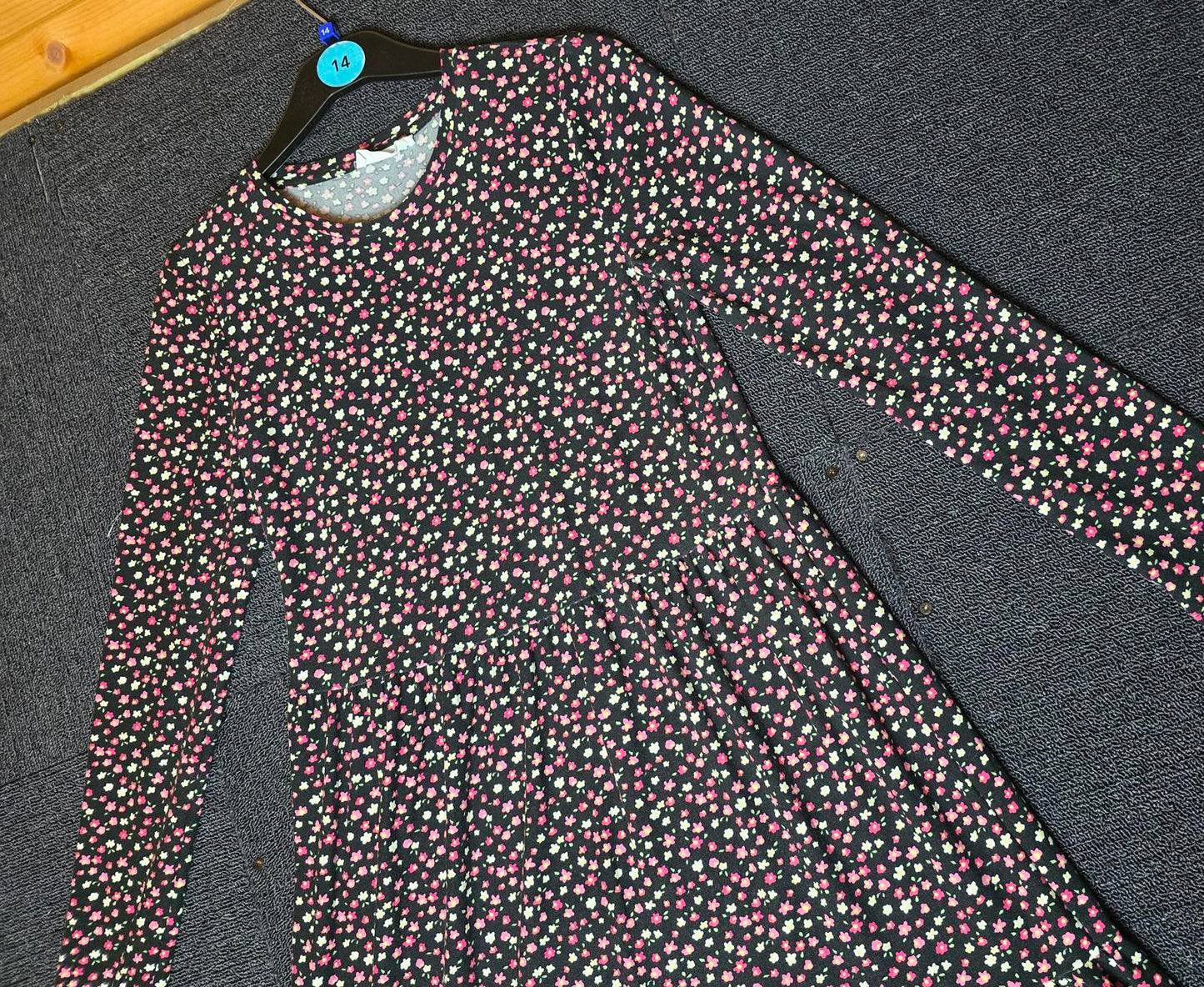 Primark Black & Multicoloured Floral Dress 13-14 Years Long Sleeved Girls