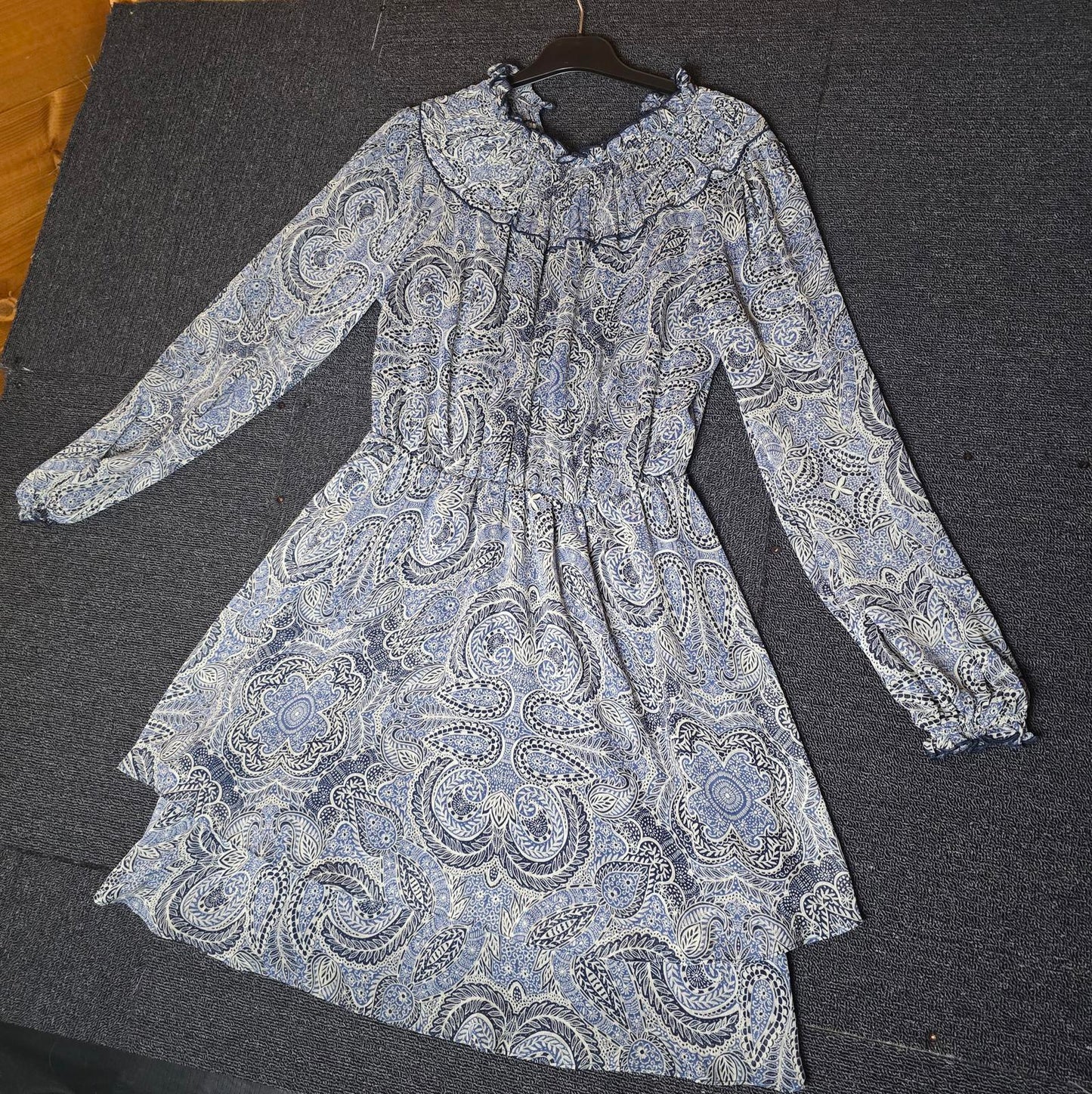 Matalan Navy & Grey Patterned Dress Size 12 Sheer Long Sleeve High Neck