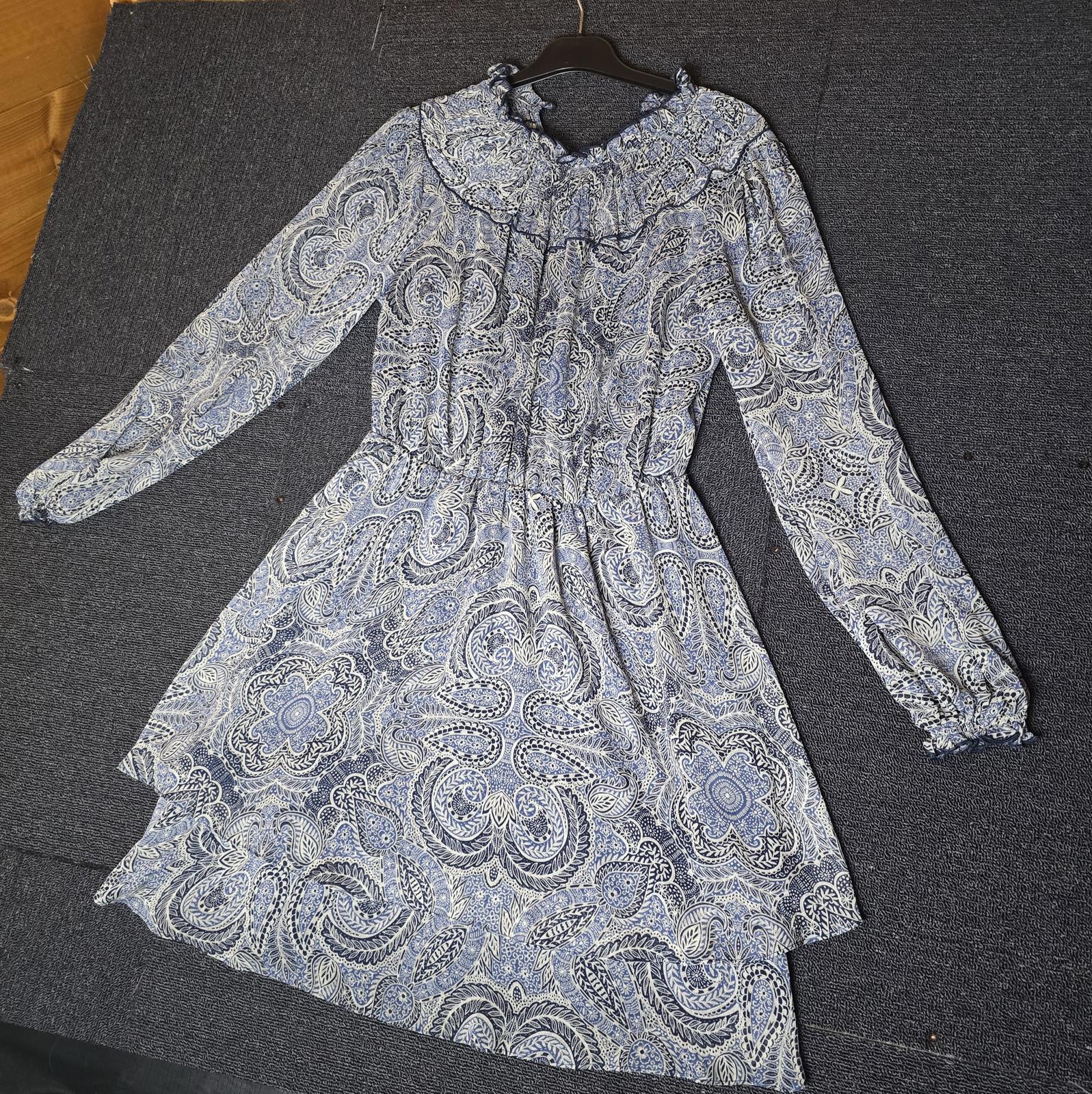 Matalan Navy & Grey Patterned Dress Size 12 Sheer Long Sleeve High Neck