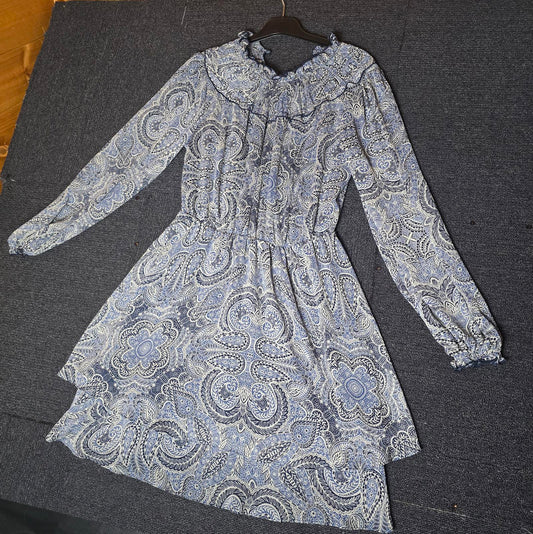 Matalan Navy & Grey Patterned Dress Size 12 Sheer Long Sleeve High Neck