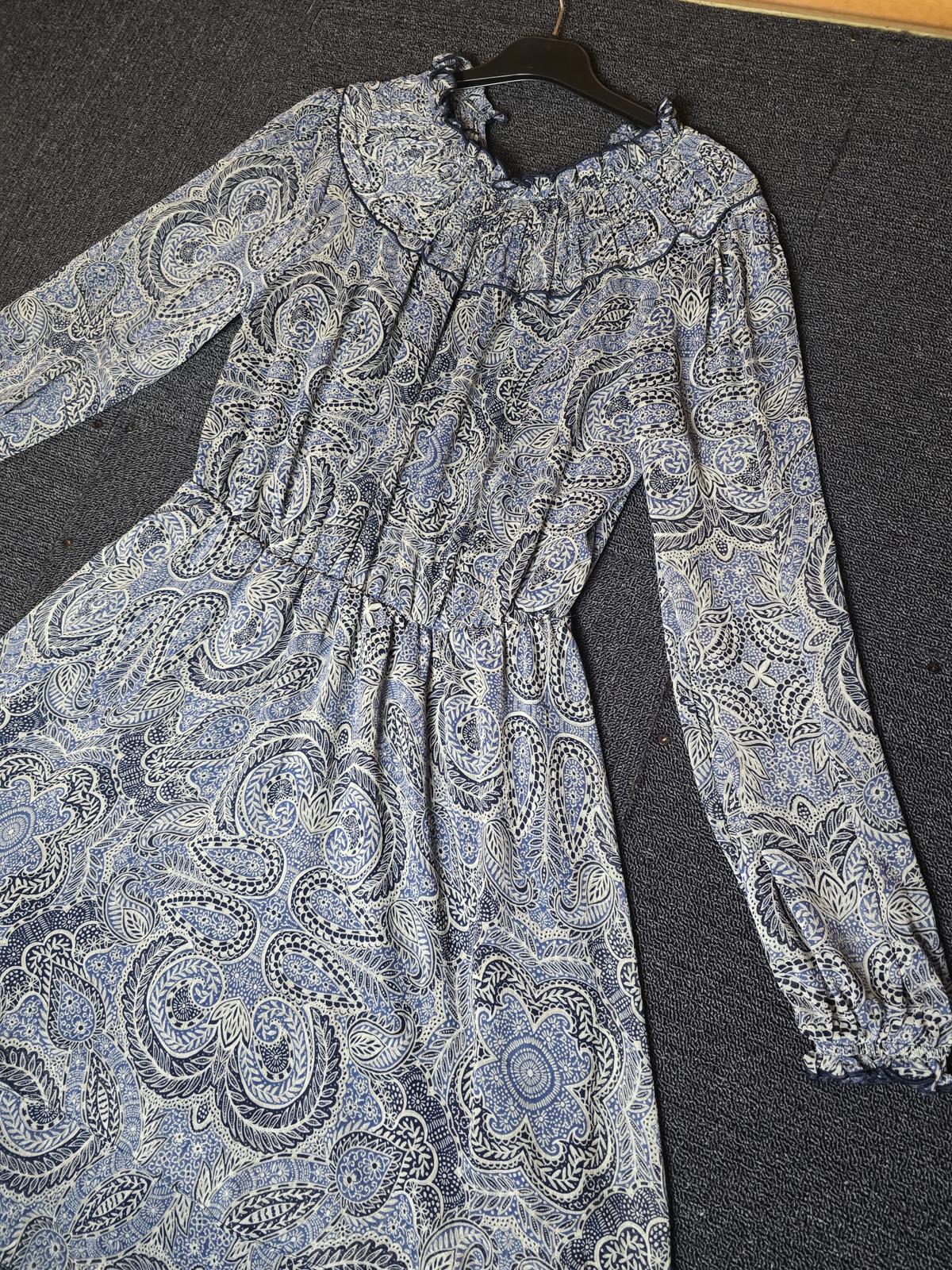 Matalan Navy & Grey Patterned Dress Size 12 Sheer Long Sleeve High Neck
