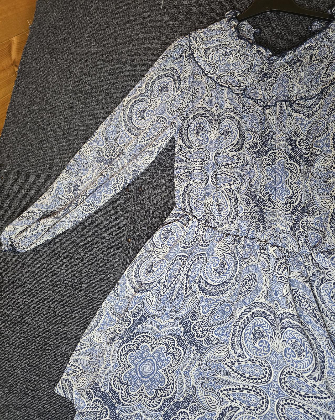 Matalan Navy & Grey Patterned Dress Size 12 Sheer Long Sleeve High Neck