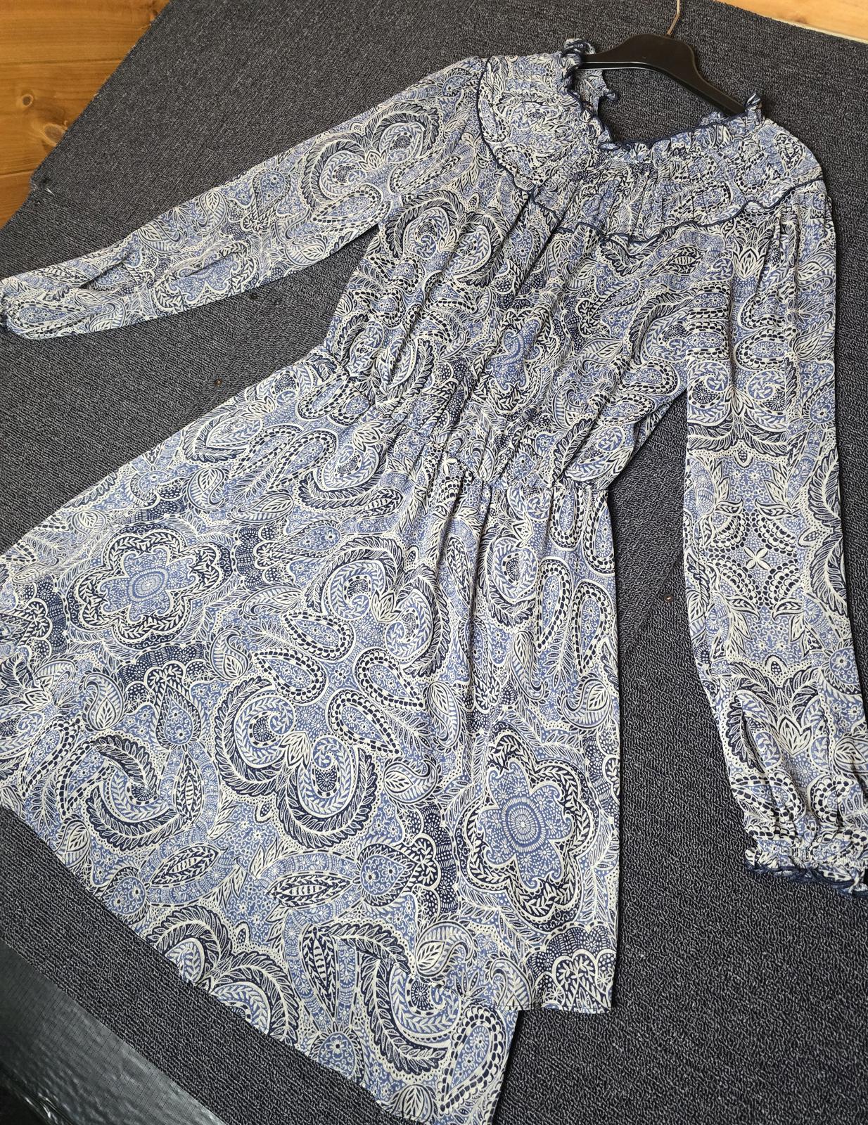 Matalan Navy & Grey Patterned Dress Size 12 Sheer Long Sleeve High Neck