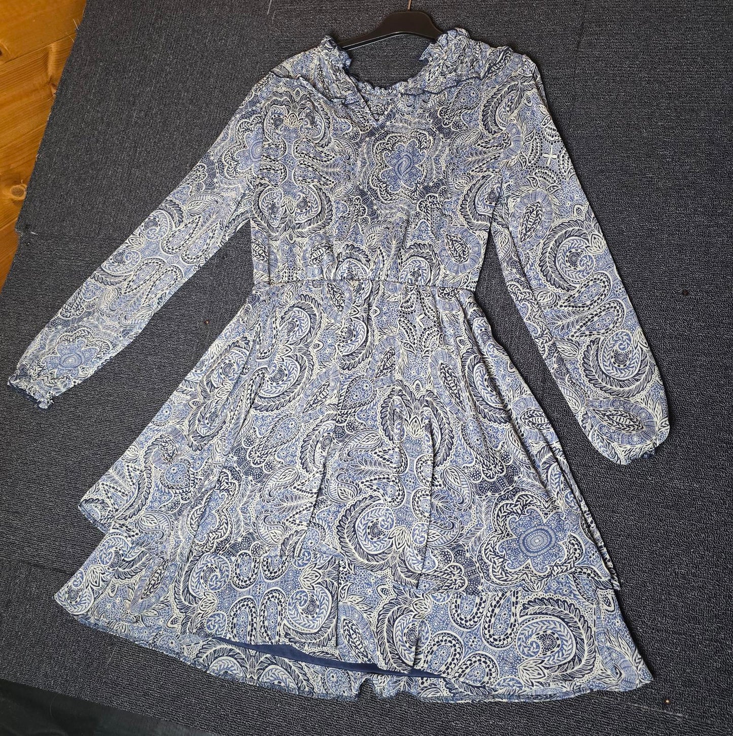 Matalan Navy & Grey Patterned Dress Size 12 Sheer Long Sleeve High Neck