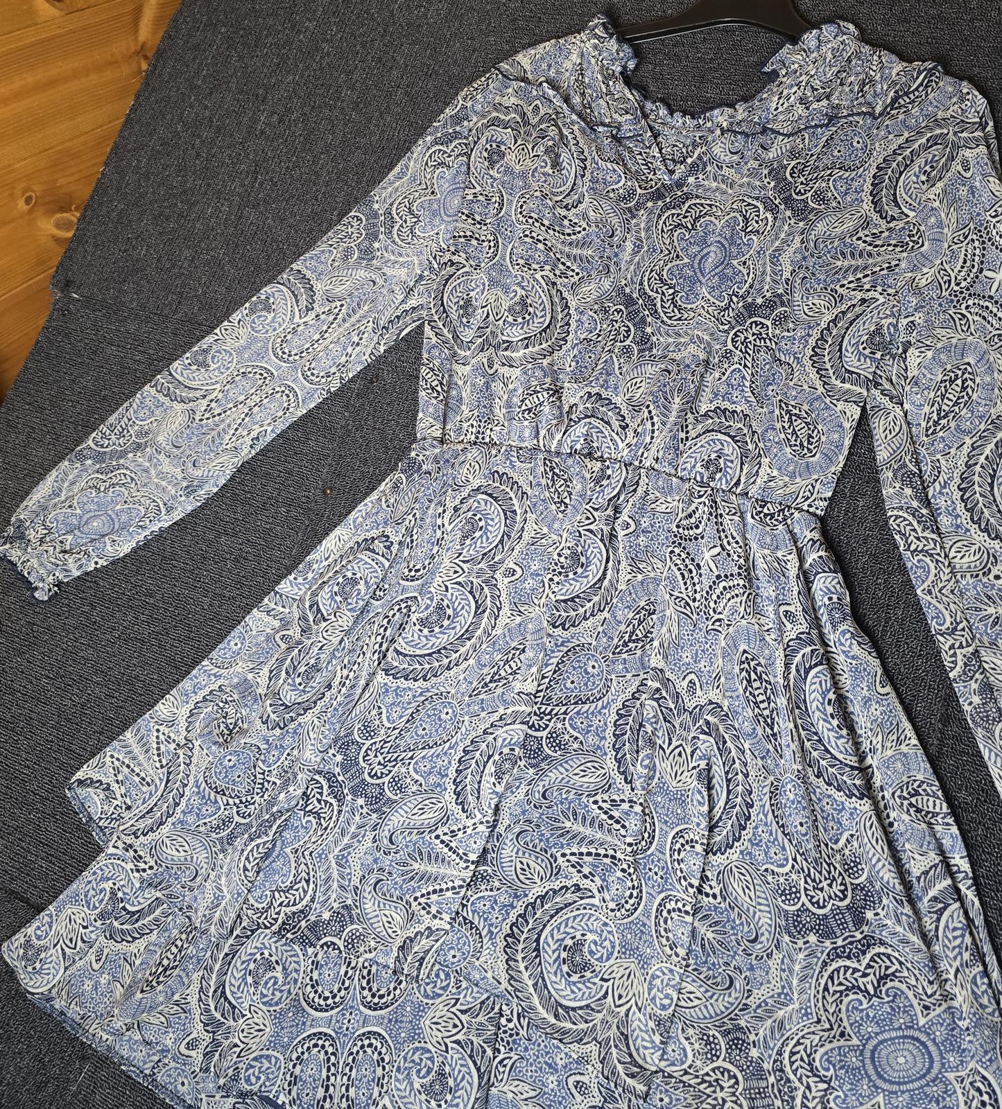 Matalan Navy & Grey Patterned Dress Size 12 Sheer Long Sleeve High Neck