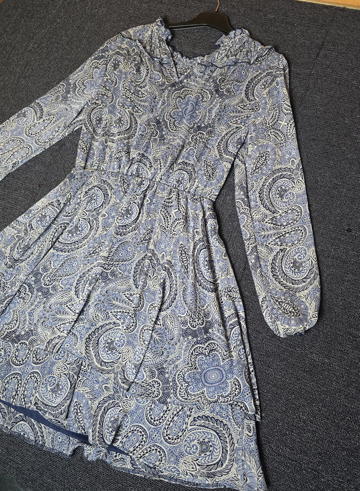 Matalan Navy & Grey Patterned Dress Size 12 Sheer Long Sleeve High Neck