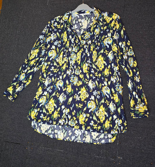 Tu navy yellow & green patterned long sleeved blouse relaxed size 16