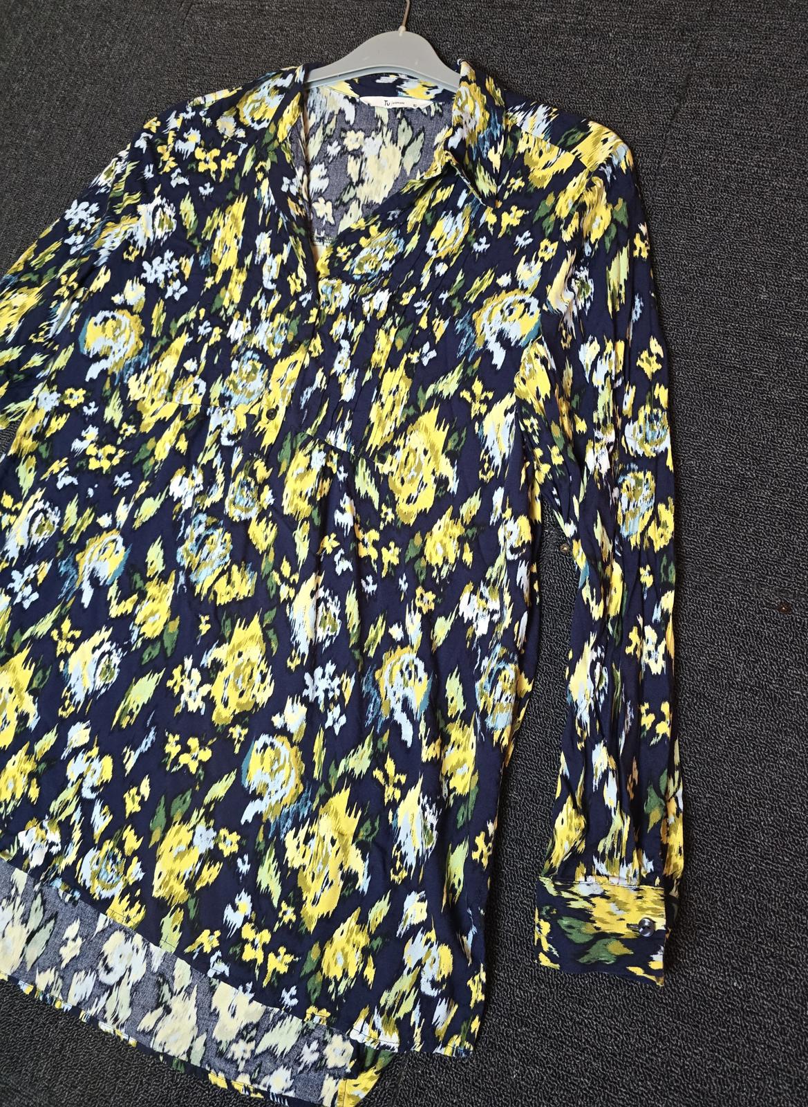 Tu navy yellow & green patterned long sleeved blouse relaxed size 16