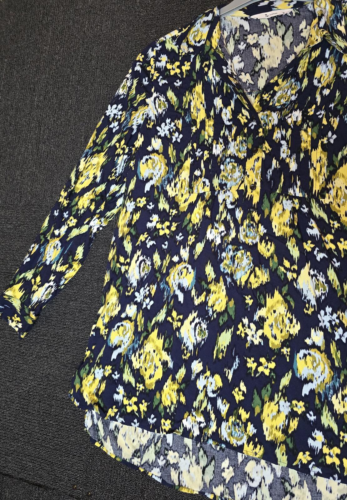 Tu navy yellow & green patterned long sleeved blouse relaxed size 16