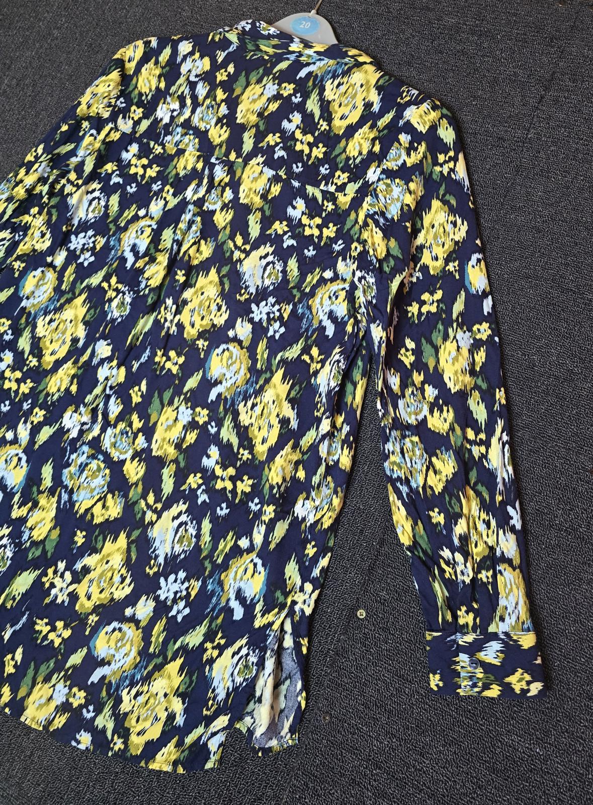 Tu navy yellow & green patterned long sleeved blouse relaxed size 16