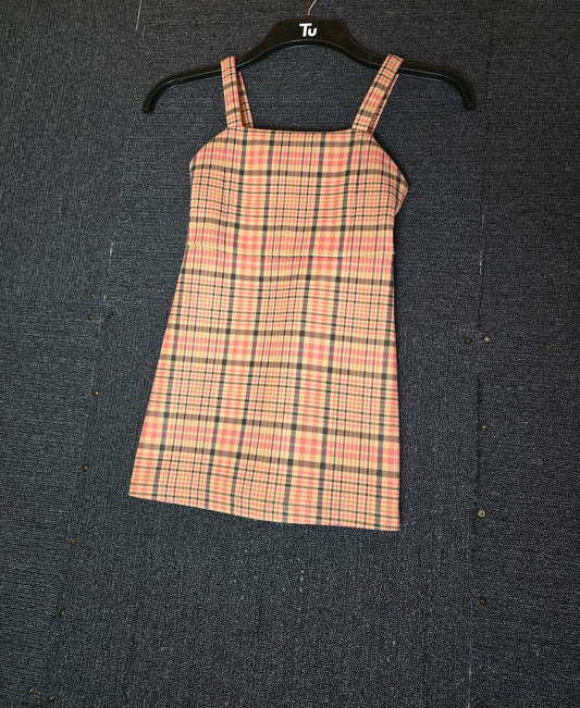 Beige pink & navy striped pinafore dress 6-7years Girls F&F