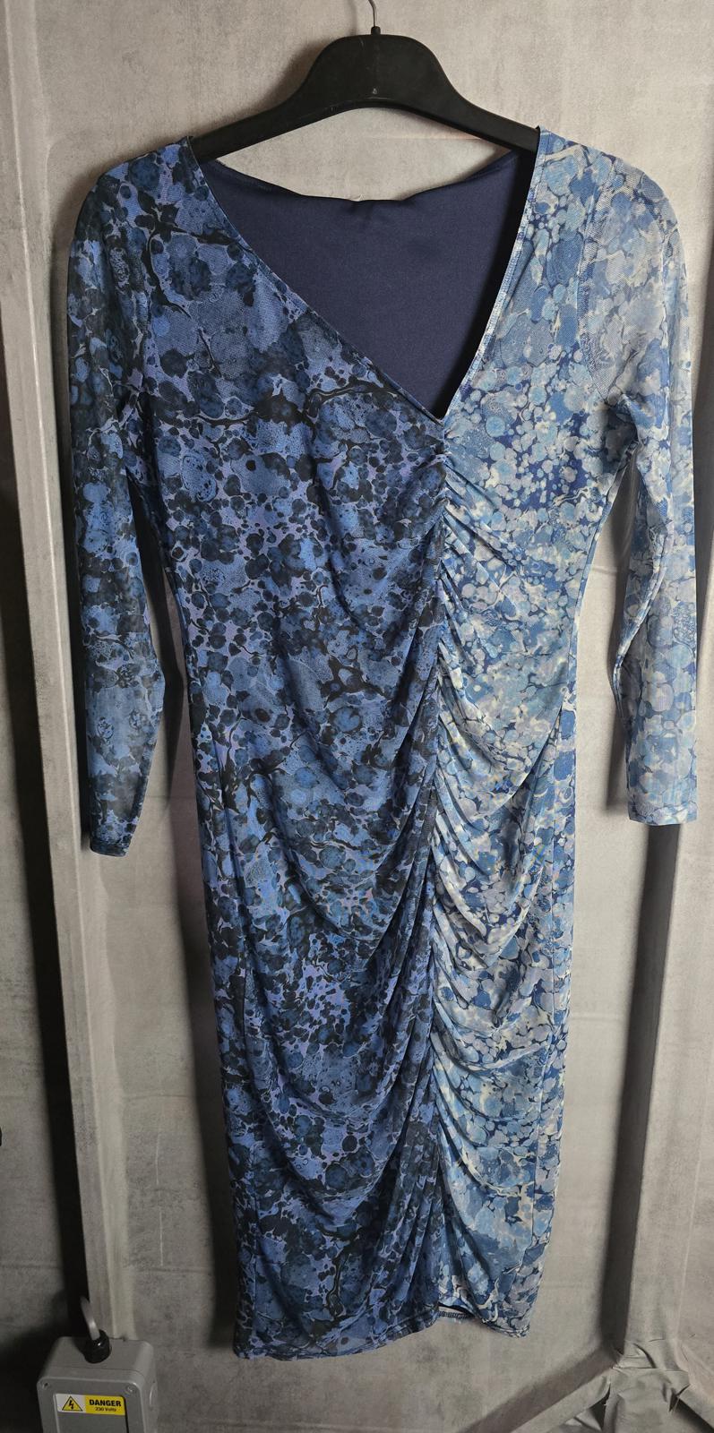 Blue runched midi dress Warehouse Petite bodycon size 14