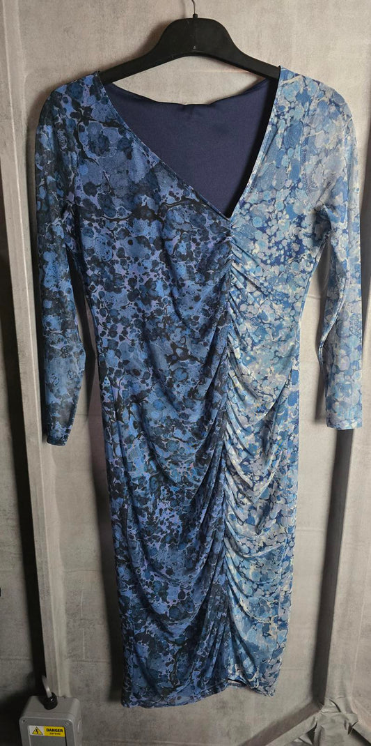 Blue runched midi dress Warehouse Petite bodycon size 14