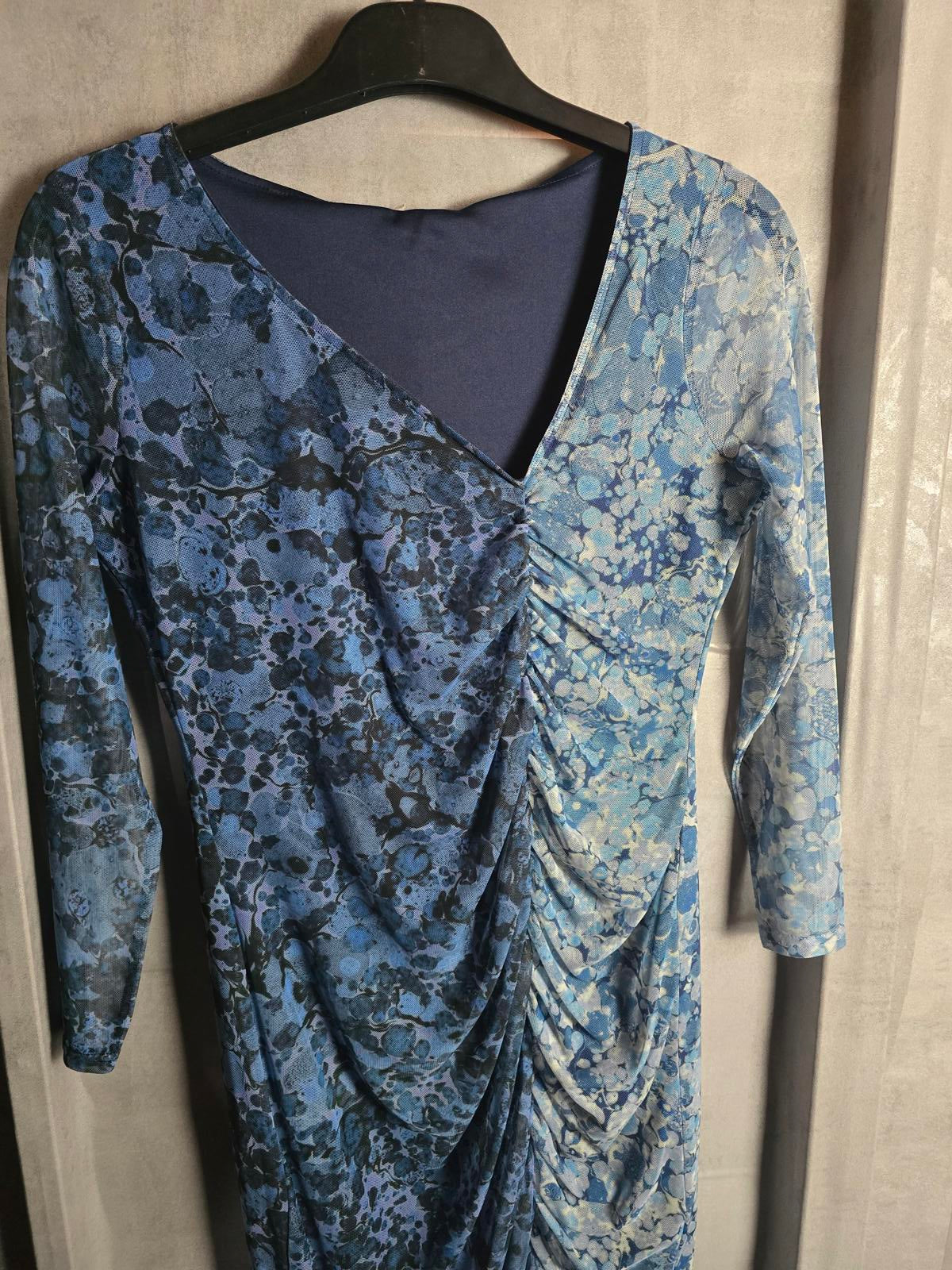 Blue runched midi dress Warehouse Petite bodycon size 14