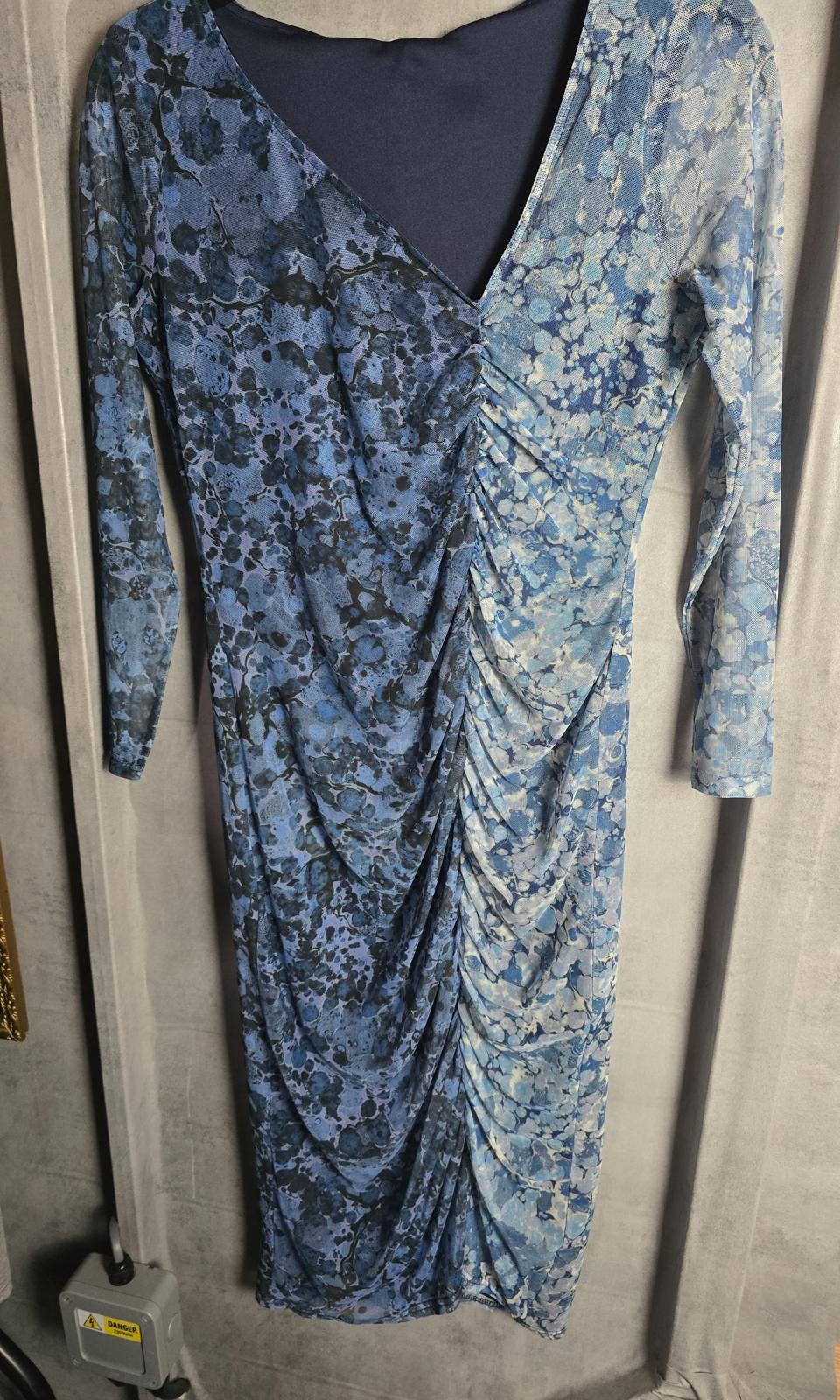 Blue runched midi dress Warehouse Petite bodycon size 14