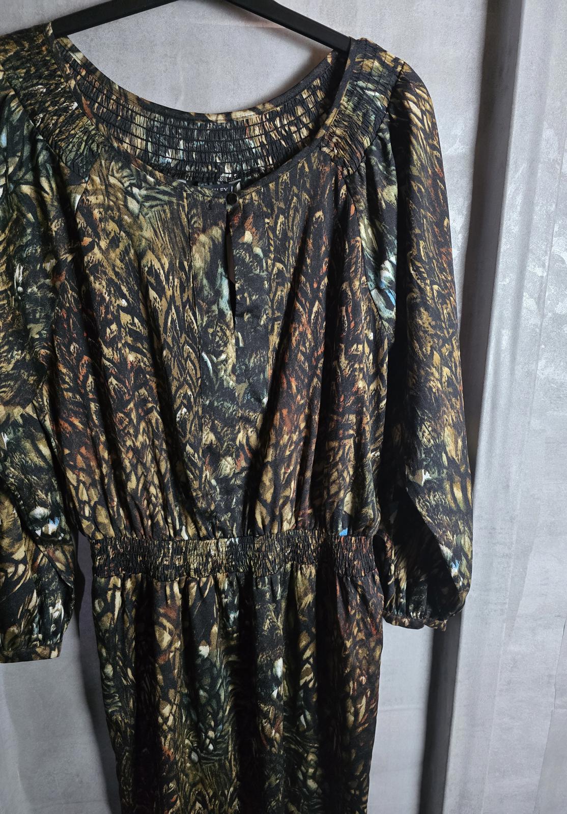 Laura Ashley black brown & blue patterned dress elasticated waist size 14