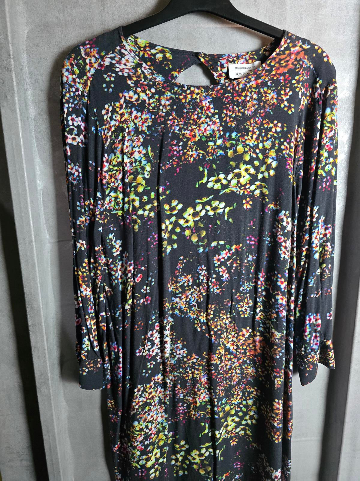 & other stories black floral mini dress size 10 3/4 length sleeves