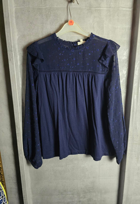 Fatface navy glitter top size 8 sheer long sleeves