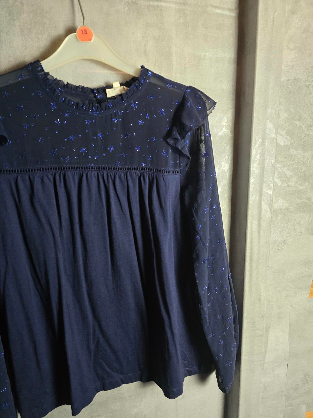Fatface navy glitter top size 8 sheer long sleeves