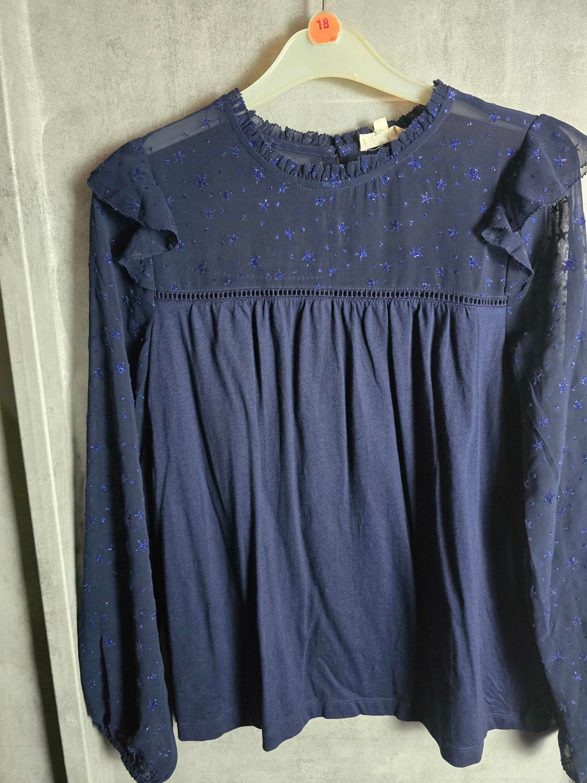 Fatface navy glitter top size 8 sheer long sleeves