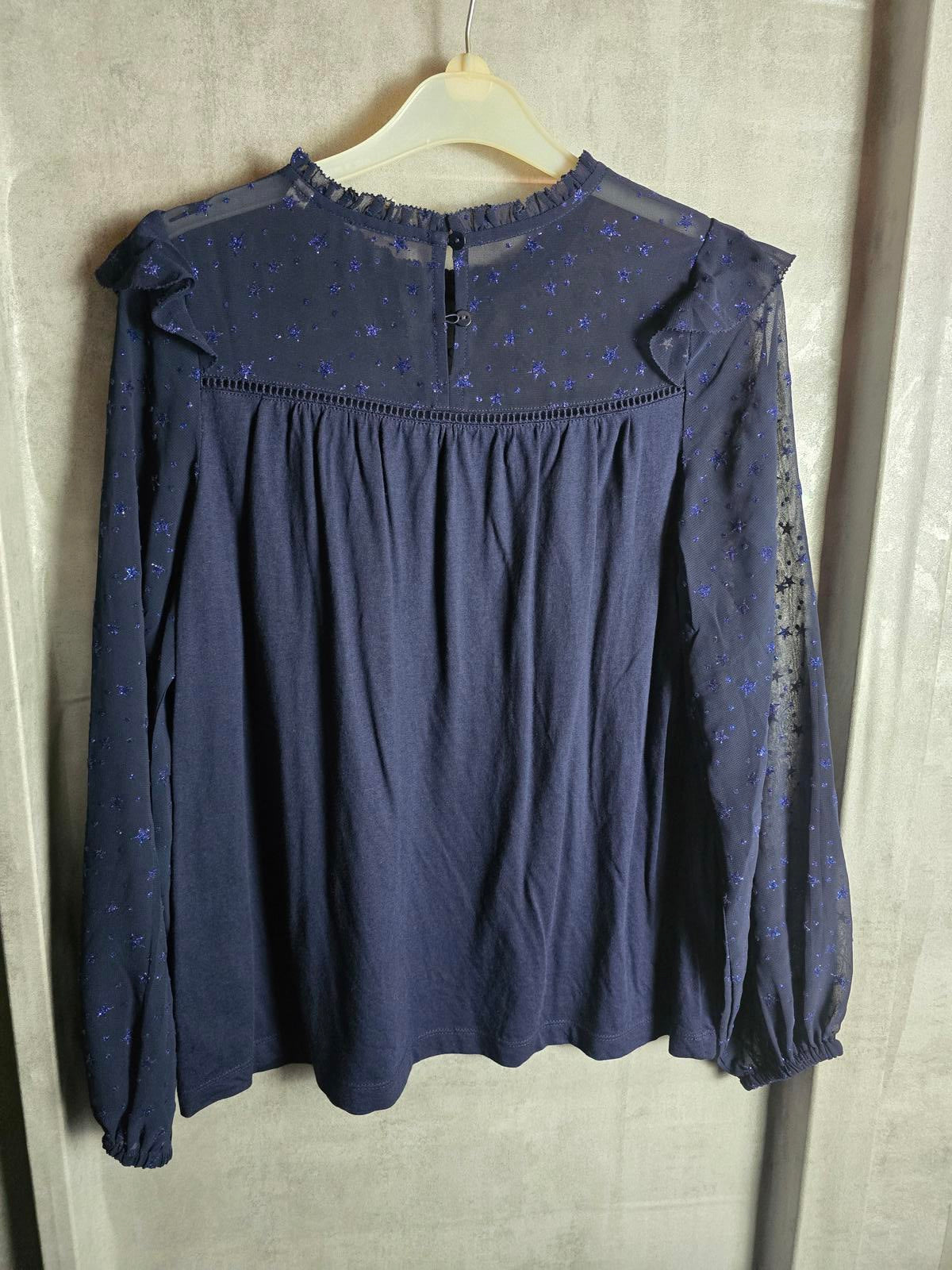 Fatface navy glitter top size 8 sheer long sleeves