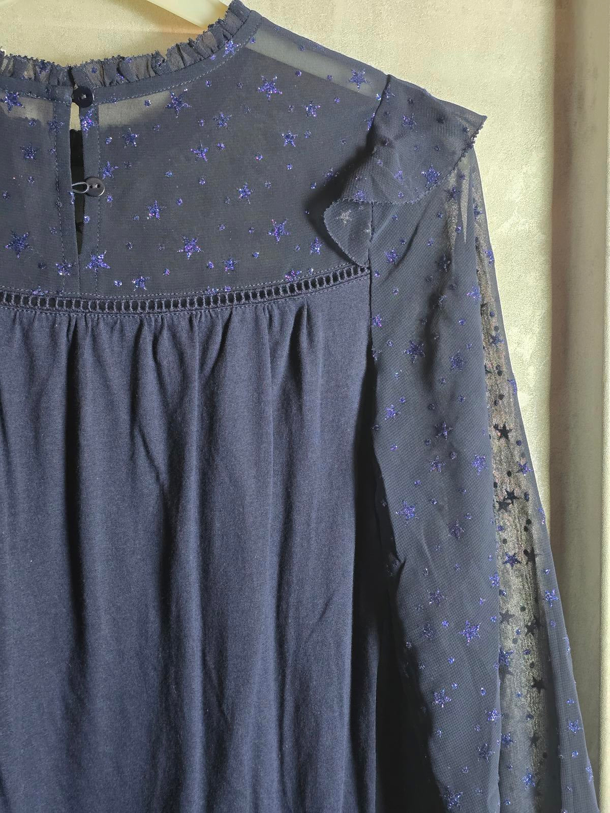 Fatface navy glitter top size 8 sheer long sleeves