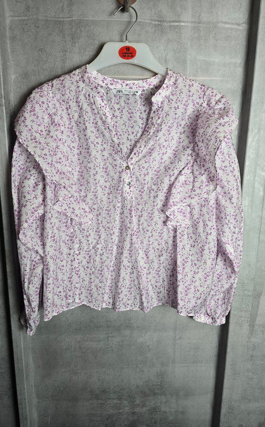 Zara white lilac/ pink floral frilly blouse long sleeved oversized size 10/12