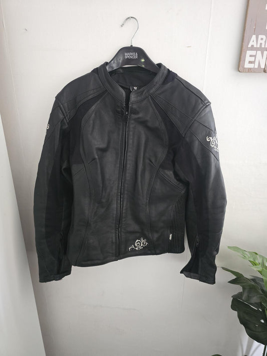 Frank Thomas Lady Rider Black Leather Motorbike Jacket Size 12