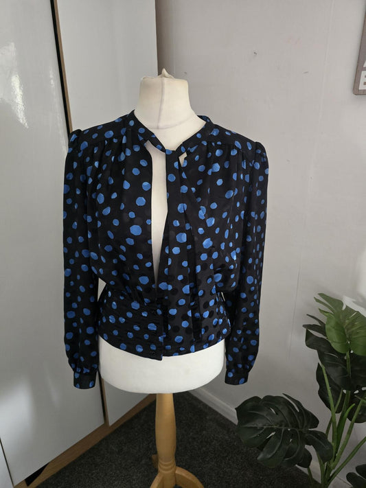 Vintage 1980s Parigi Black and Blue Polka Dot Blouse Size 8-10
