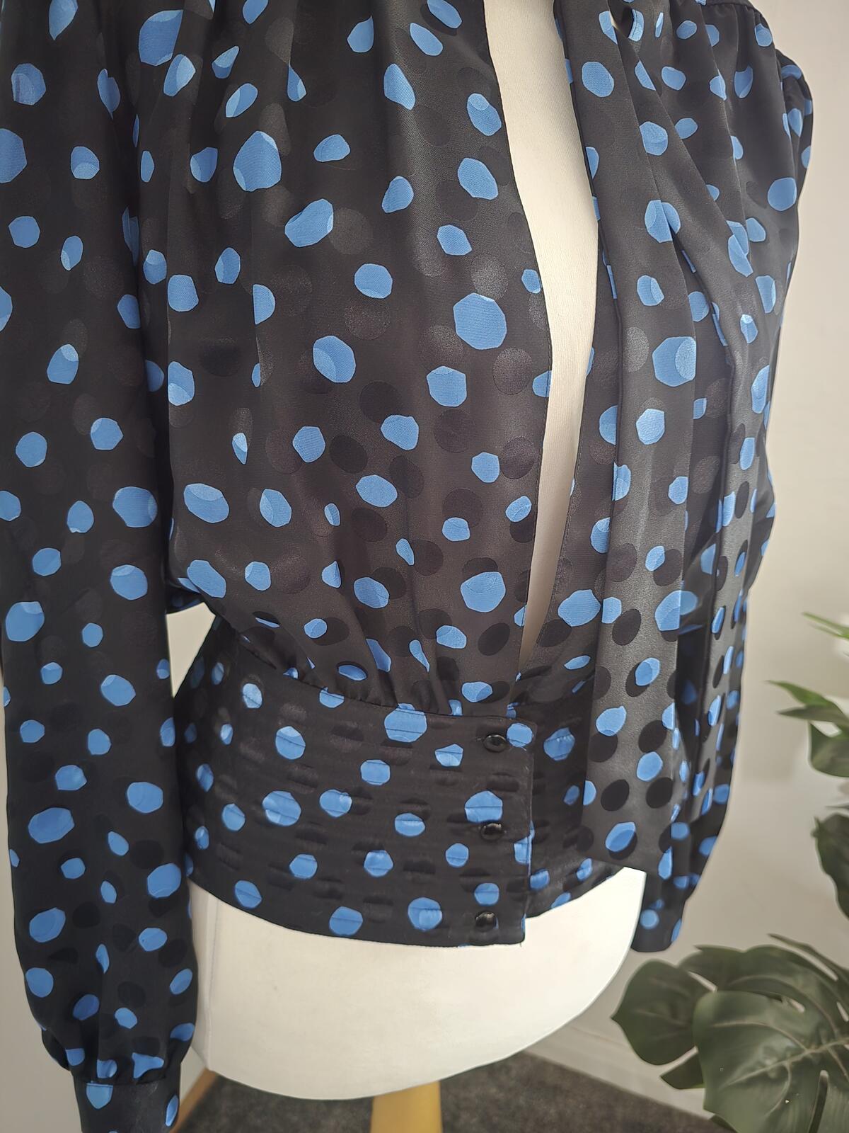 Vintage 1980s Parigi Black and Blue Polka Dot Blouse Size 8-10
