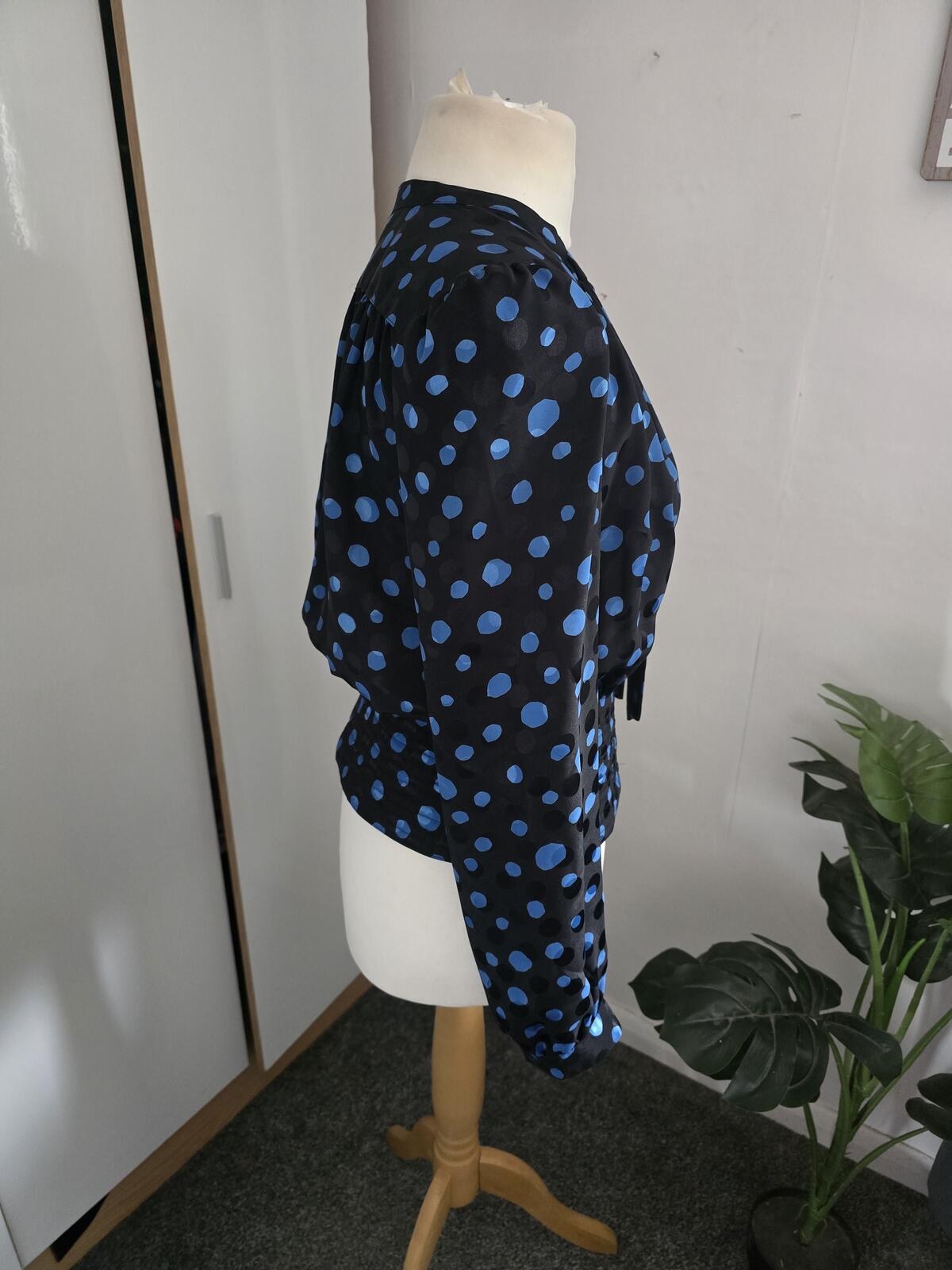 Vintage 1980s Parigi Black and Blue Polka Dot Blouse Size 8-10