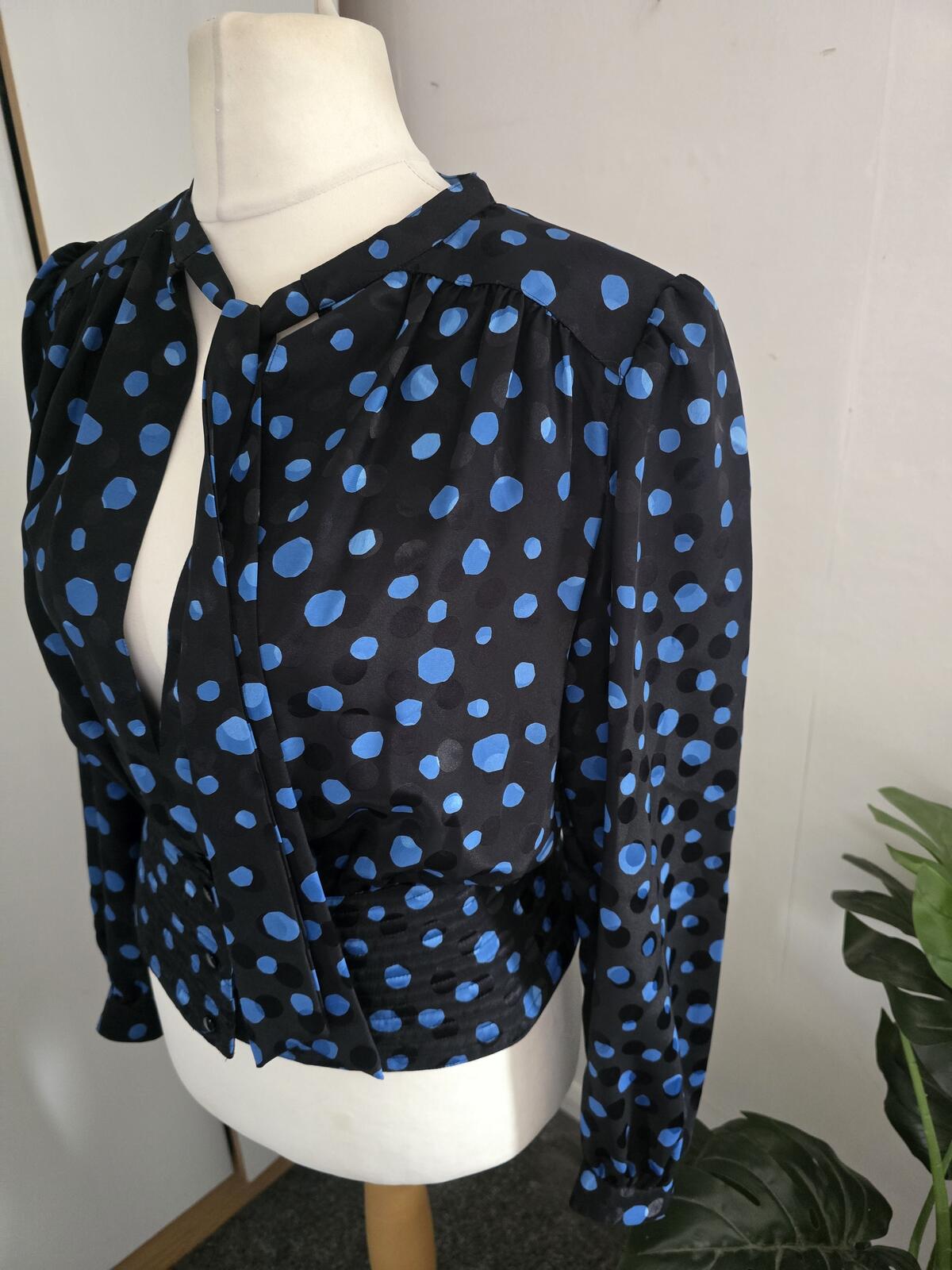 Vintage 1980s Parigi Black and Blue Polka Dot Blouse Size 8-10
