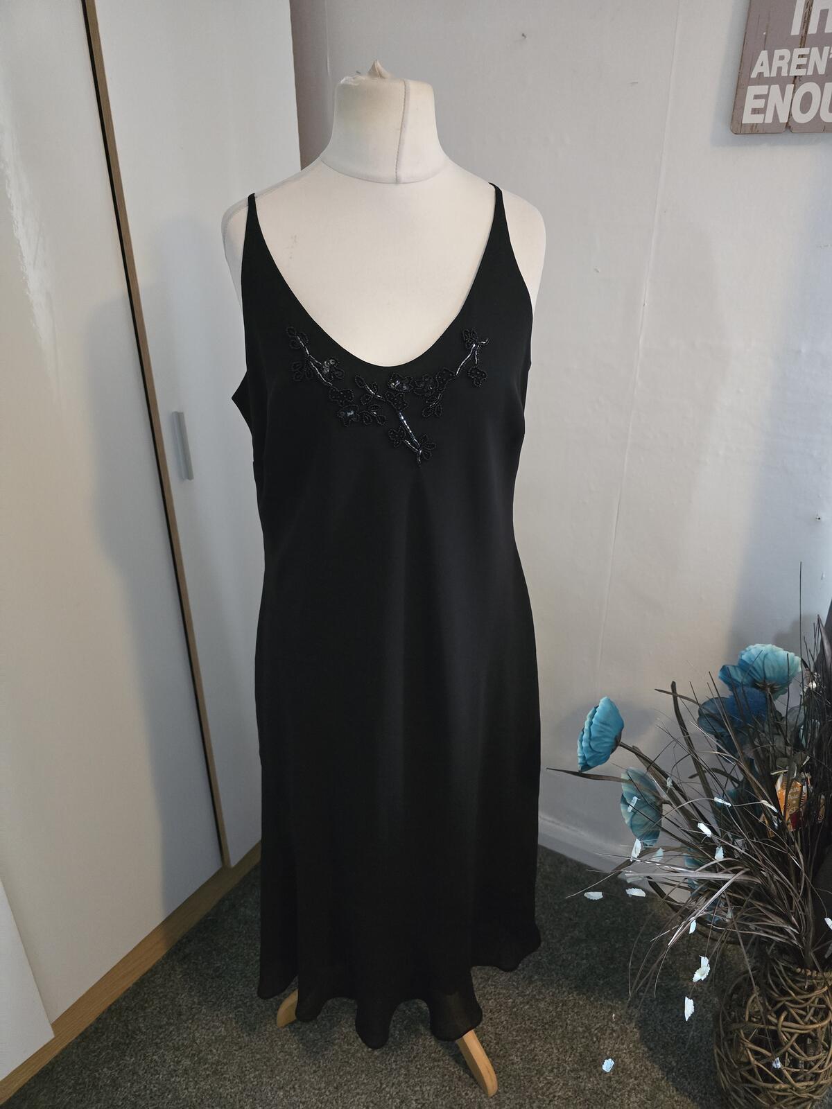 Marks & Spencer Vintage Black Lined Midi Slip Dress with Gem Detail Size 18