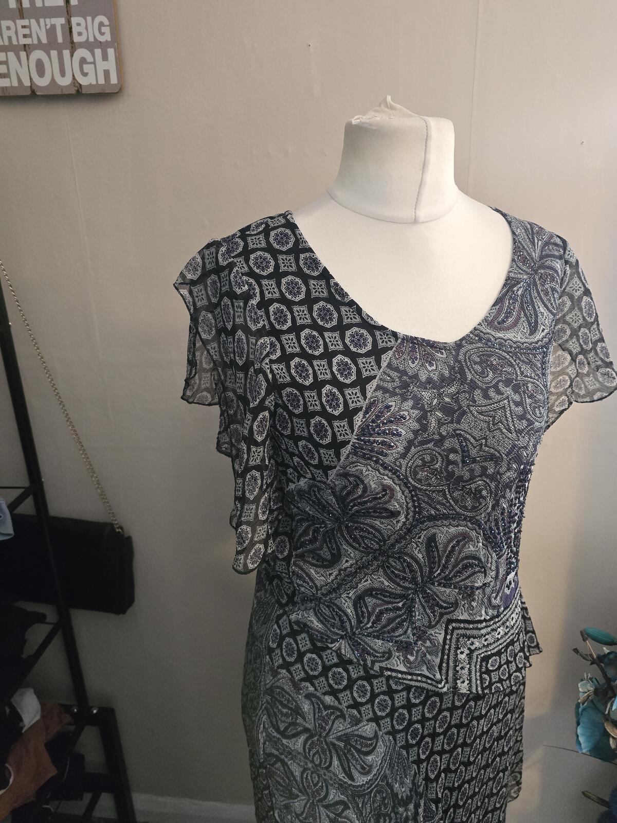 90s Vintage Roman Black & Green Layered Midi Dress Gem Detail Size 12