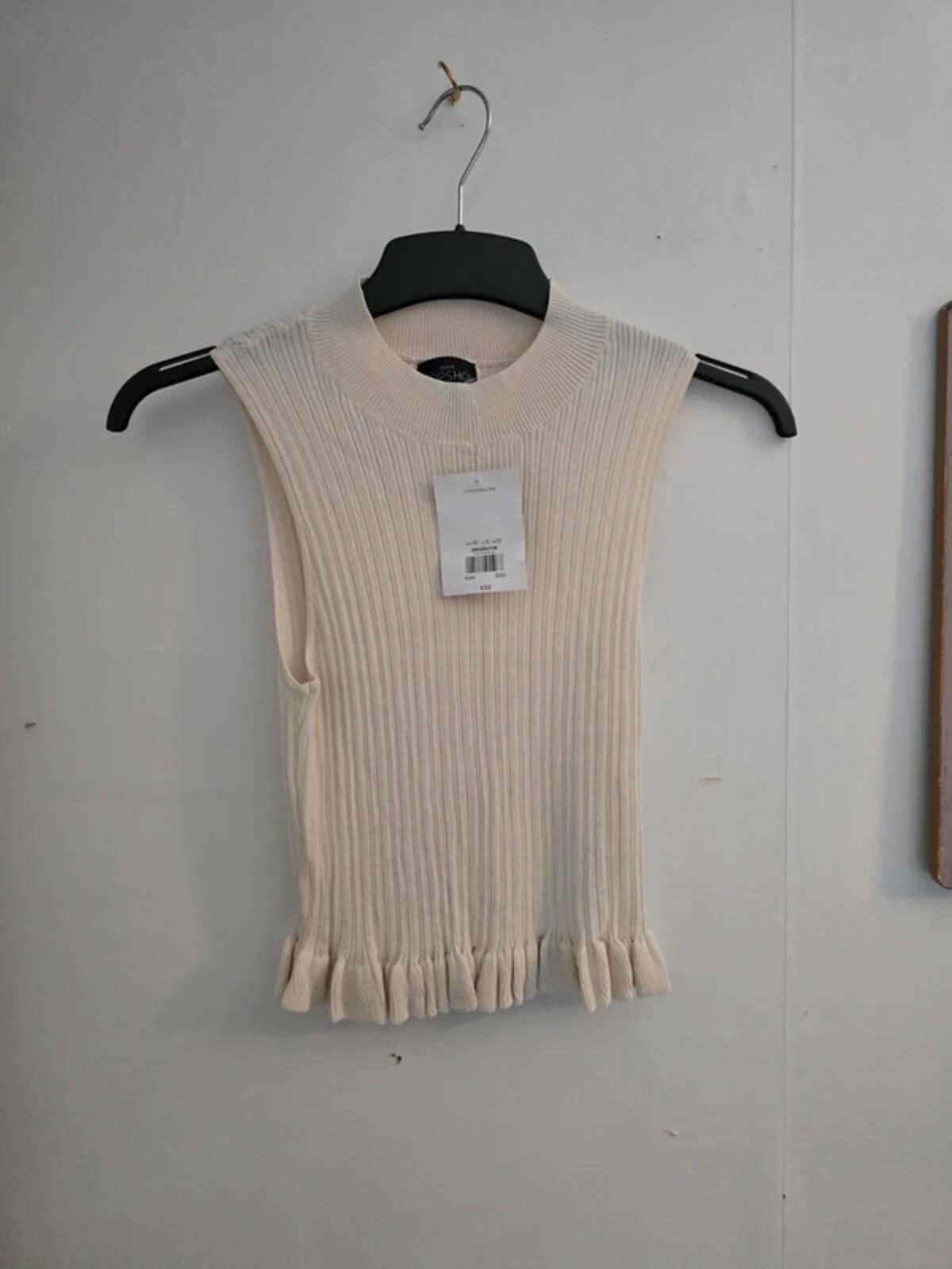 Topshop Petite Cream Ribbed Crop Top Size 12 NWT Sleeveless Frill Hem