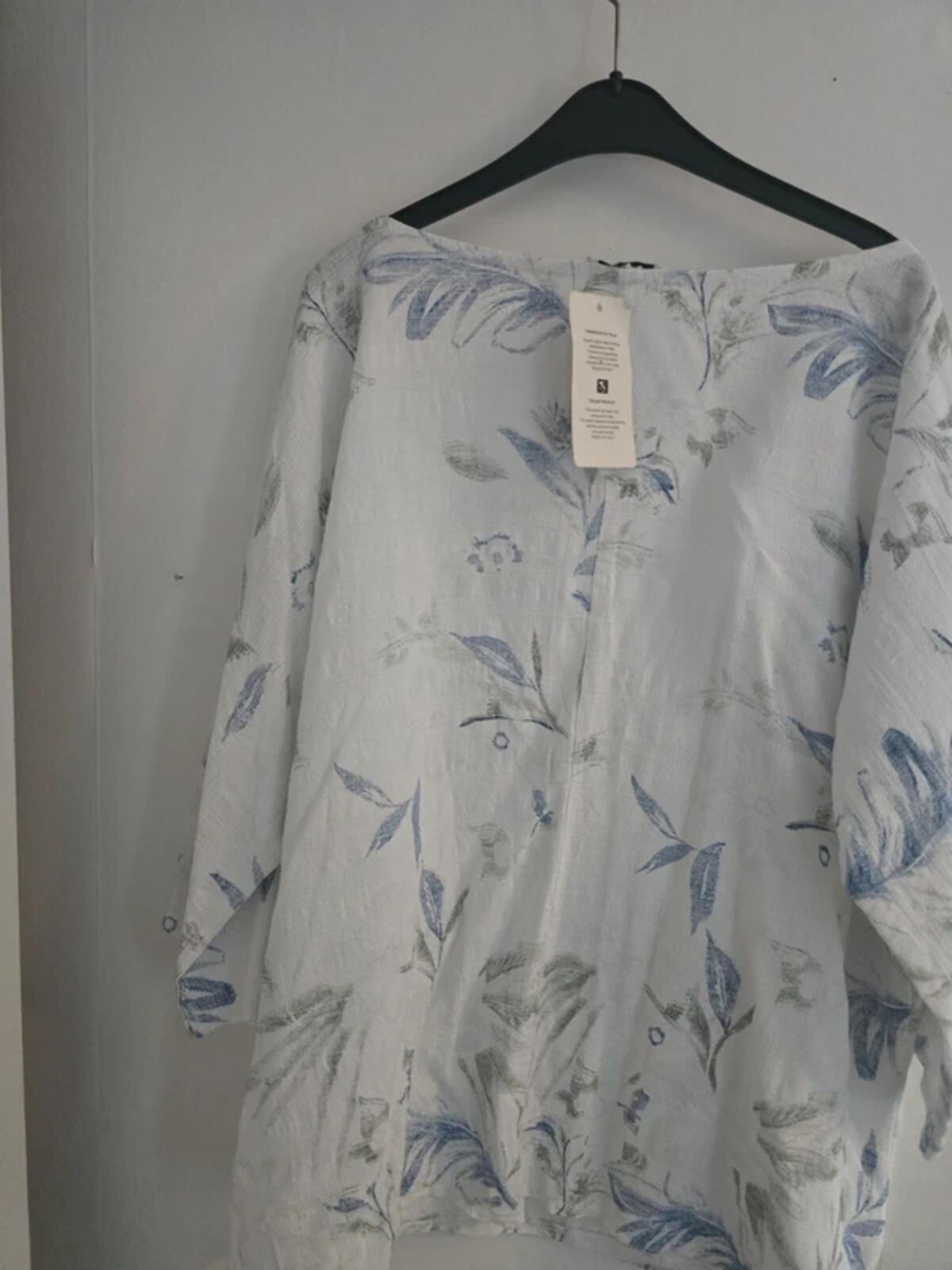 Made in Italy Oversized Floral Blue & Grey Cotton Blouse One Size NWT