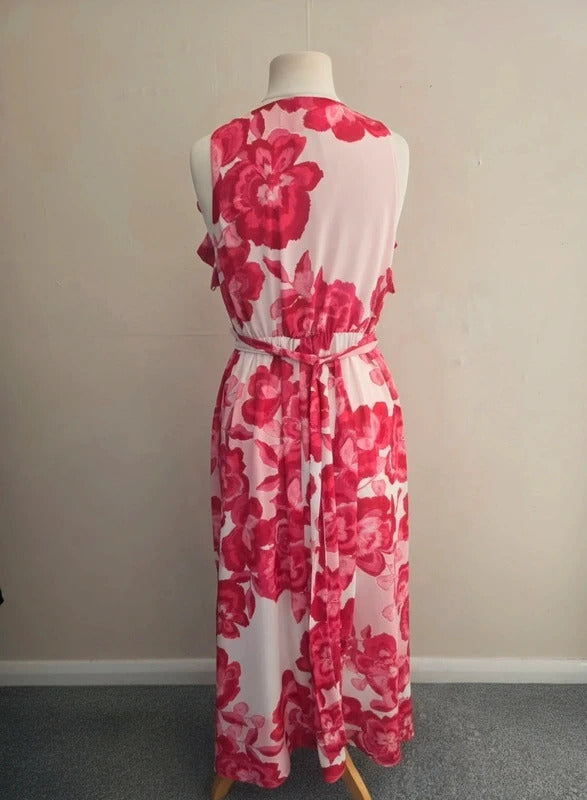 Boohoo W Collection Pink Floral Belted V-Neck Flared Maxi Dress Size 10