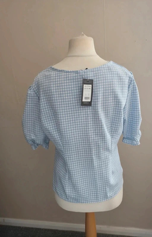 New Look Light Blue & White Gingham Checked Square Neck Top NWT Size 16
