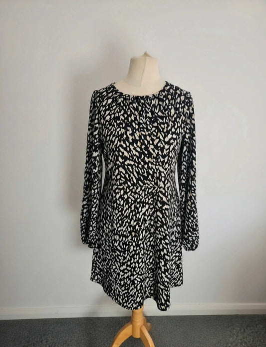 Primark Black & Beige Animal Print Long Sleeve Skater Dress Size 10-12