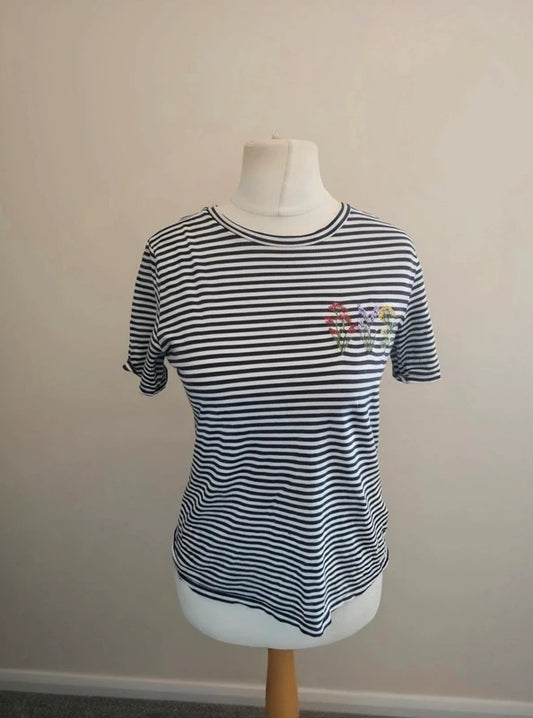 Marks & Spencer Navy & White Striped Floral Embroidered Cotton Tee Size 6-8