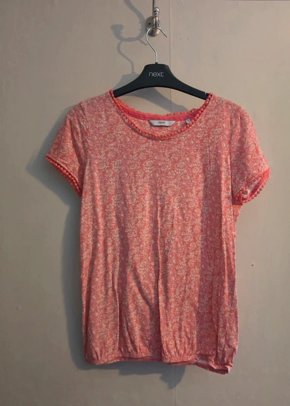 Next Pink & Cream Floral Cotton Relaxed Top with Crochet Trim Size 8