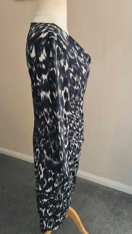 Fenn Wright Manson Women's Black & White Patterned Ruched Midi Dress Size 14