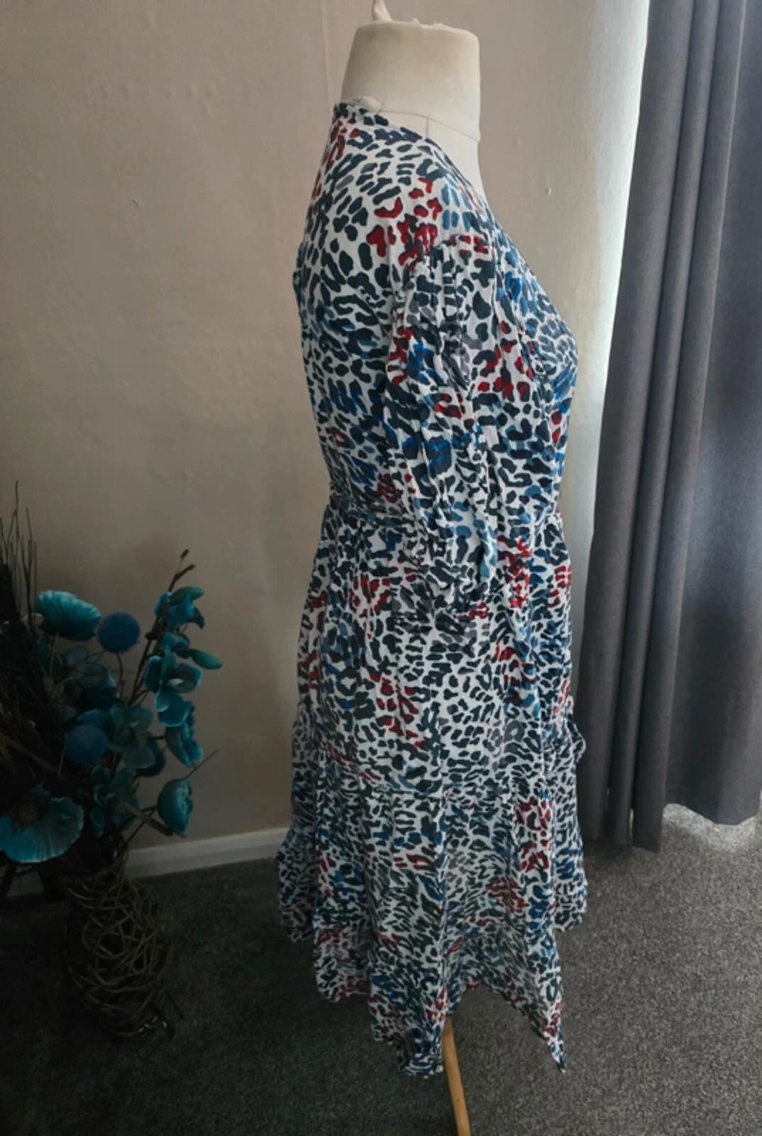 Next Multicoloured Animal Print Midi Wrap Dress with Puff Sleeves Size 12