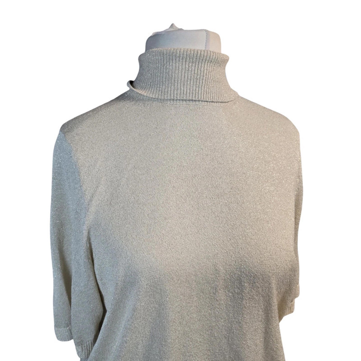 Marks & Spencer Gold Glitter Roll Neck Top Size 12/14 Lightweight 3/4 Sleeve