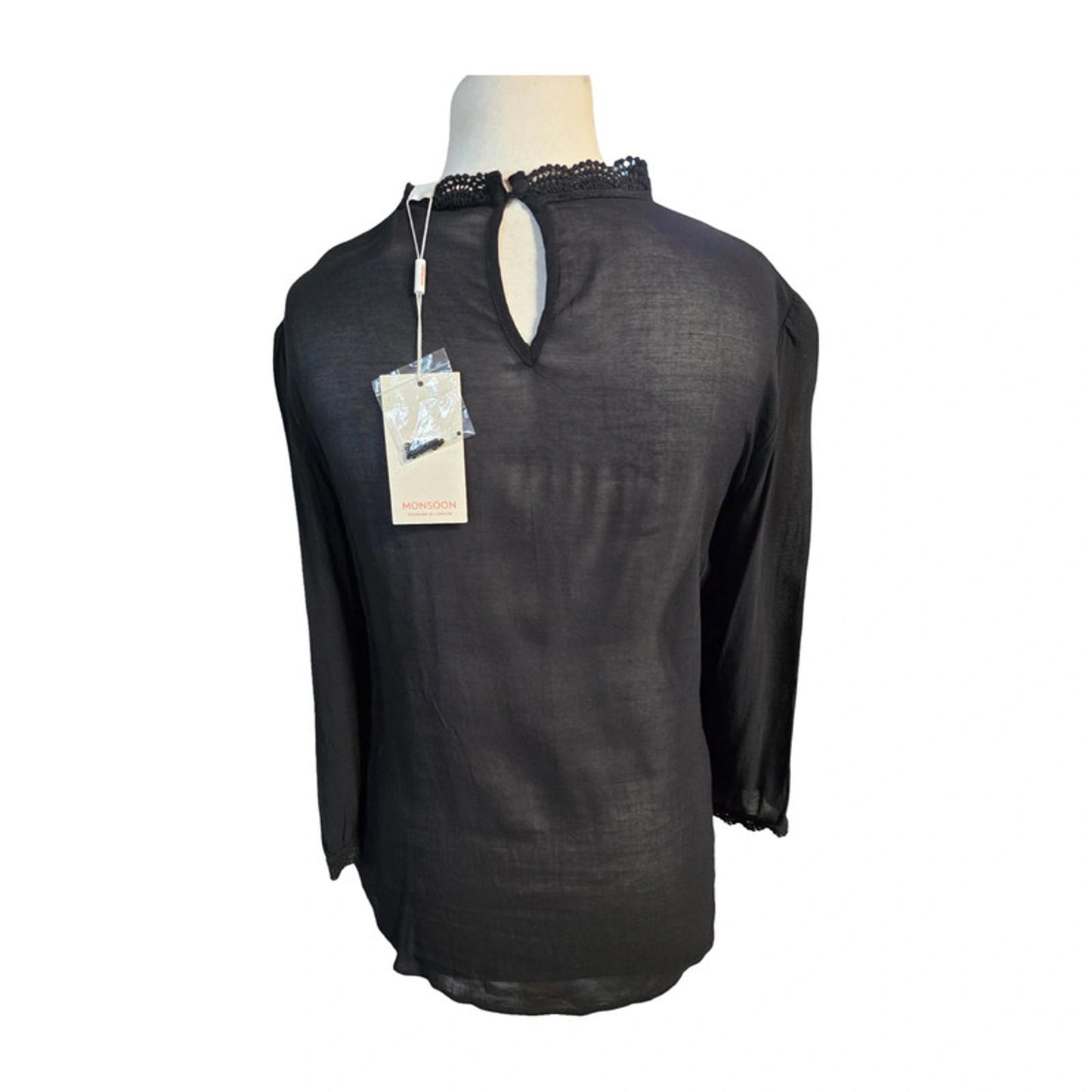 Monsoon Blouse Black Size 12 Lace 3/4 Sleeves New Work Formal