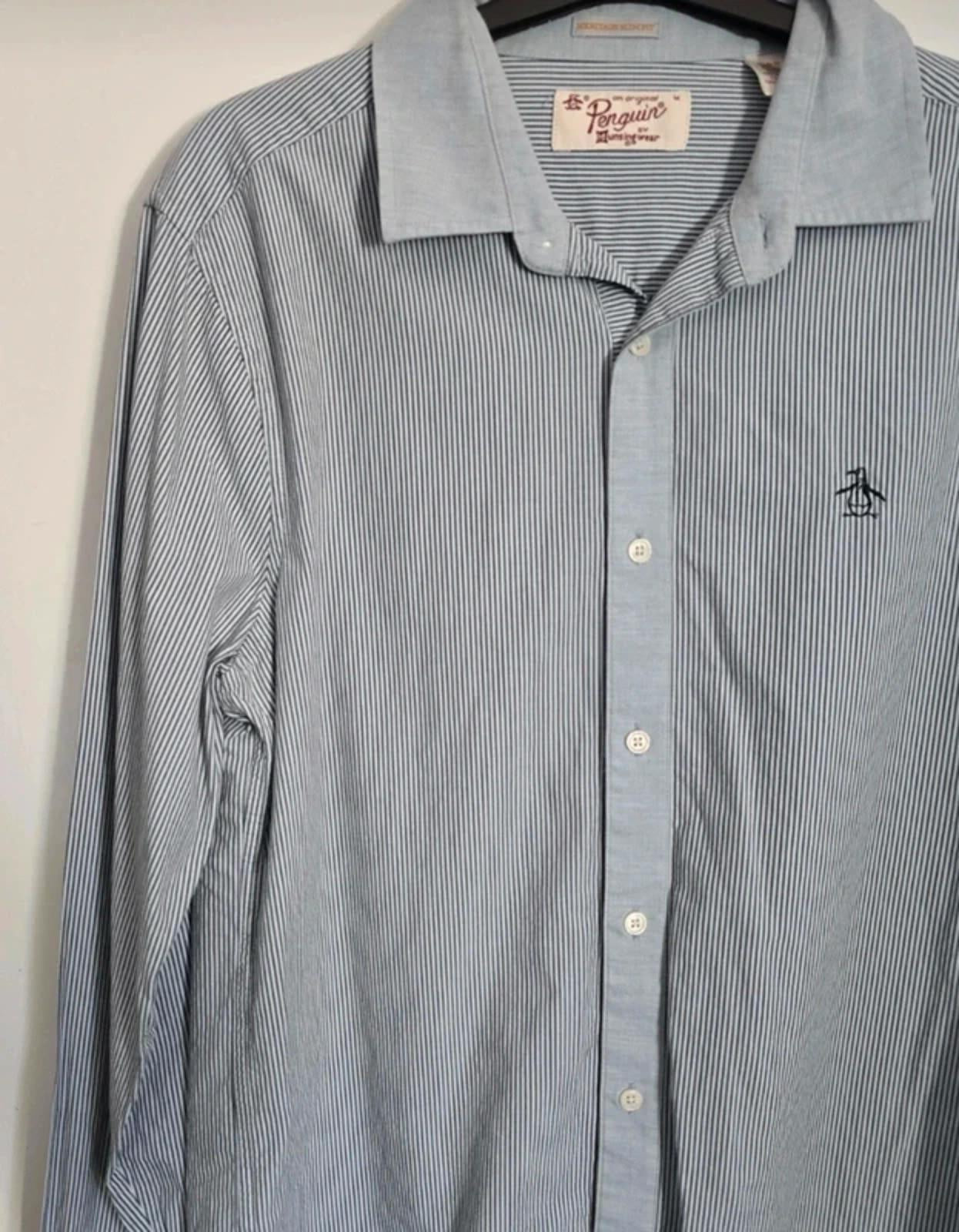 Men's penguin Heritage slim fit long sleeved striped blue shirt size Med