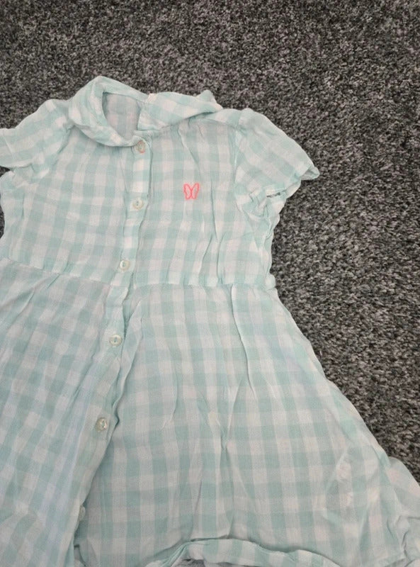 H&M Girls Mint Green & White Checked Collared Summer Dress Age 12-18 Months