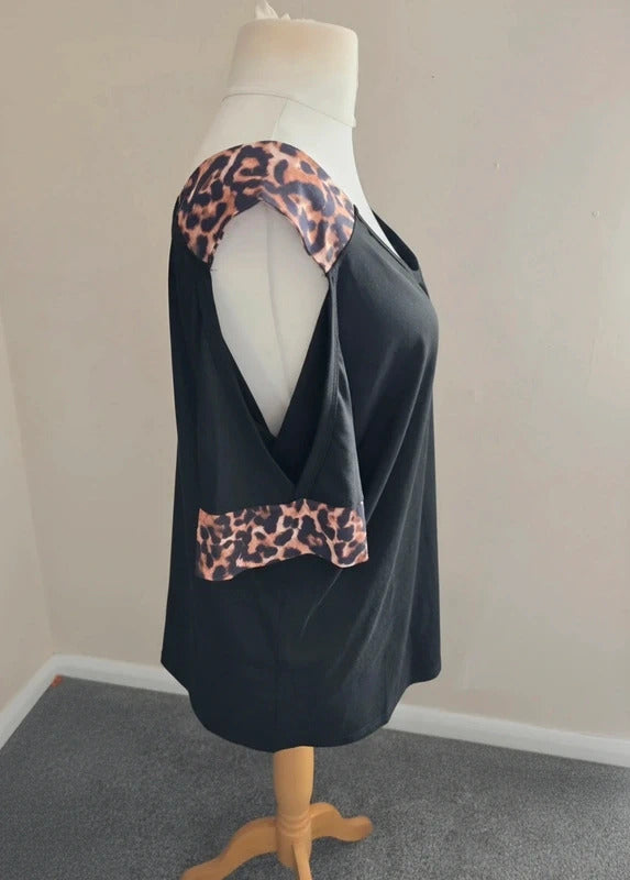 Black & Leopard Print Animal Trim Cold-Shoulder V-Neck Top L (Suits Size 16-18)