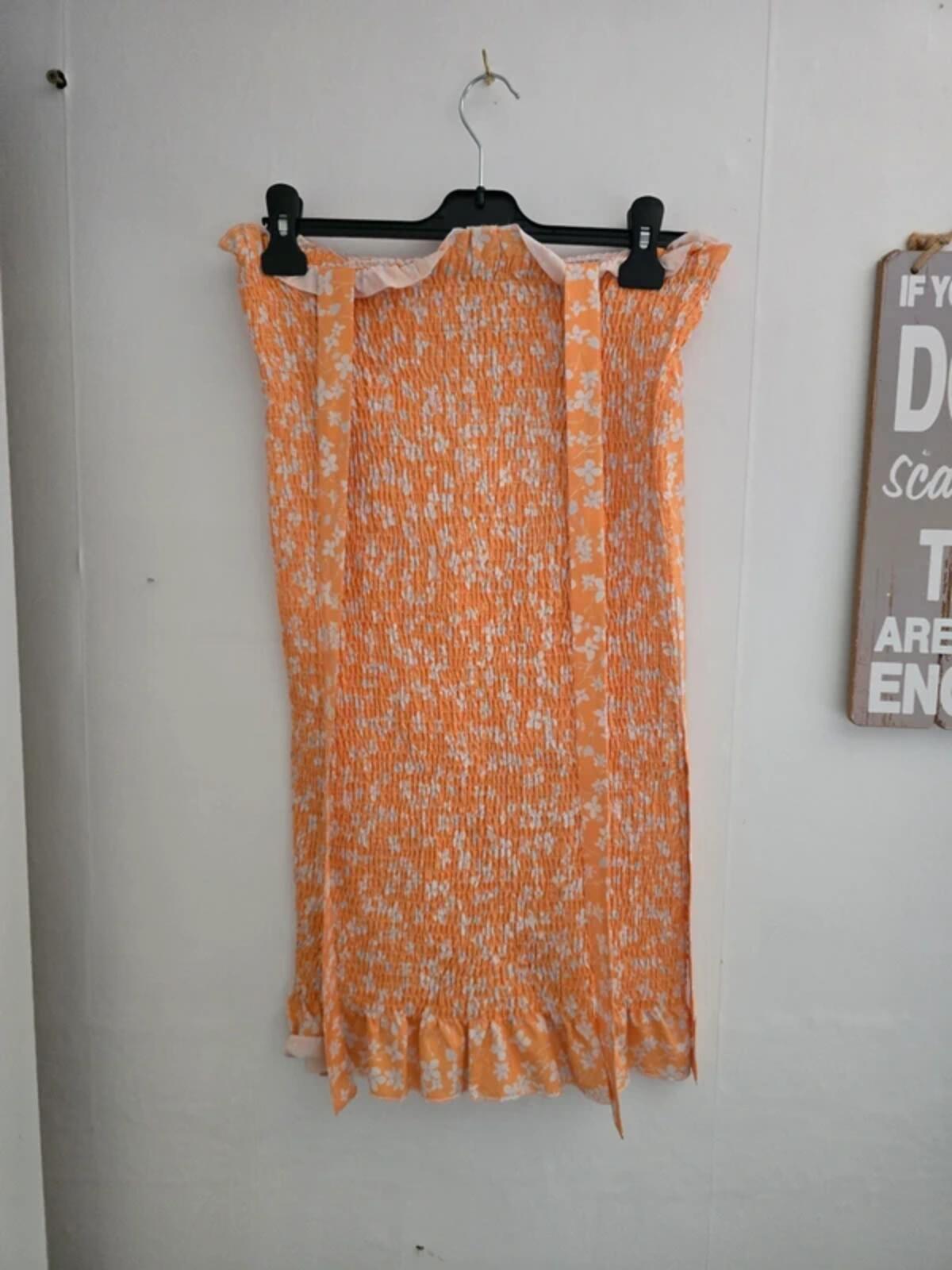 Orange White Floral Shirred Mini Dress Size 8 Small Bodycon Tie Straps