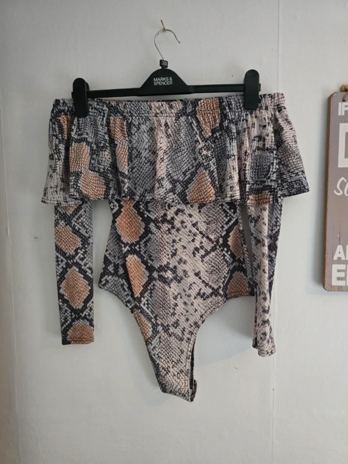 Prettylittlething Beige & Brown off the shoulder  Snakeskin Bodysuit - Size 8